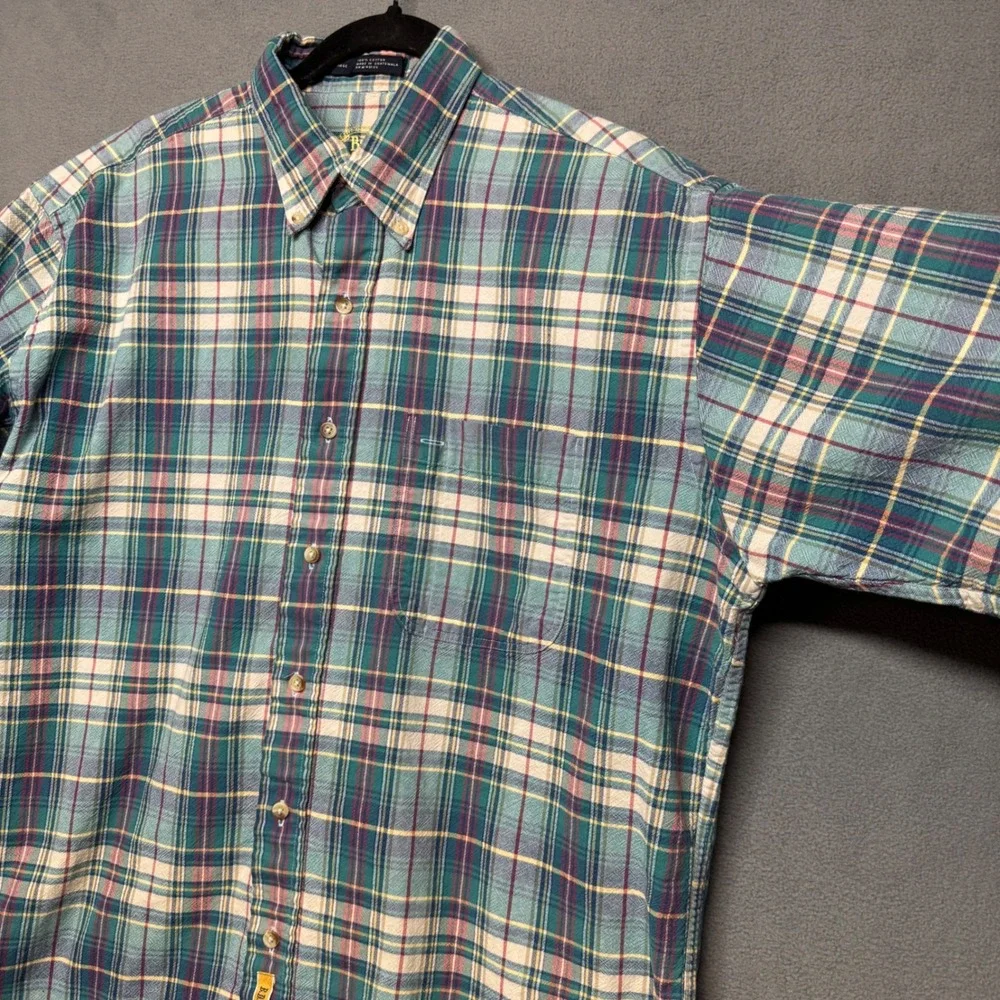 Vintage BD Baggies Short Sleeve Plaid Button Down Shirt L Teal Blue Green Casual